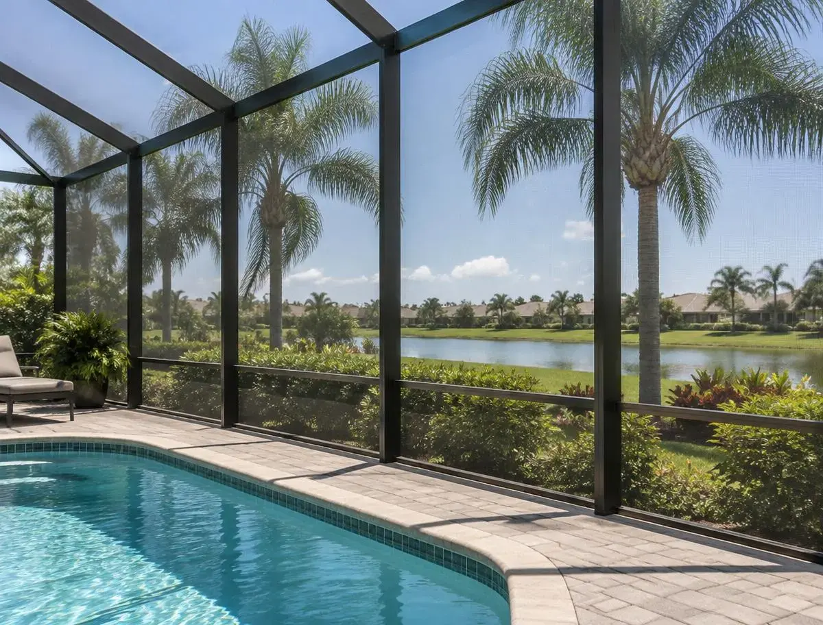 View from a pool deck through tall screen panels toward palms and a lake