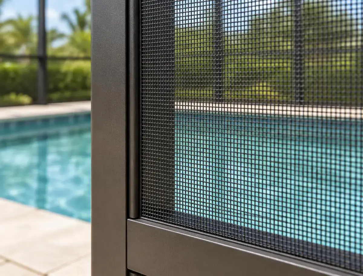 Close-up of a pool enclosure screen panel and aluminum frame beside a pool