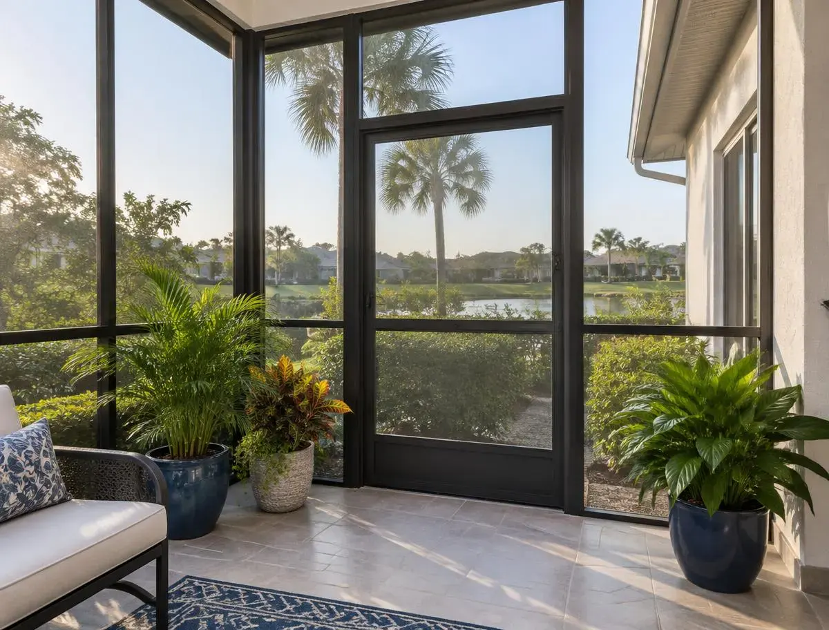 Screened lanai corner with a screen door, potted plants, and tile floor
