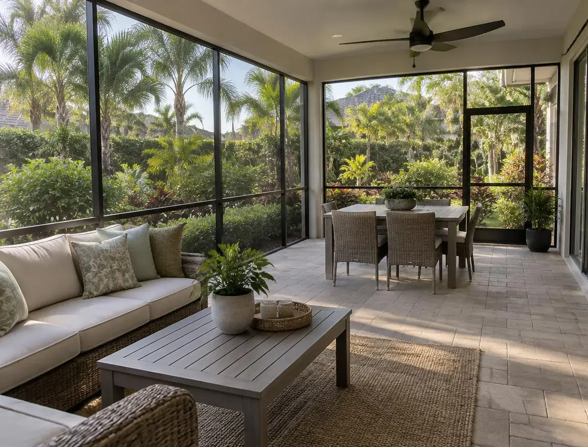 Furnished screened lanai with mesh walls opening onto a tropical garden